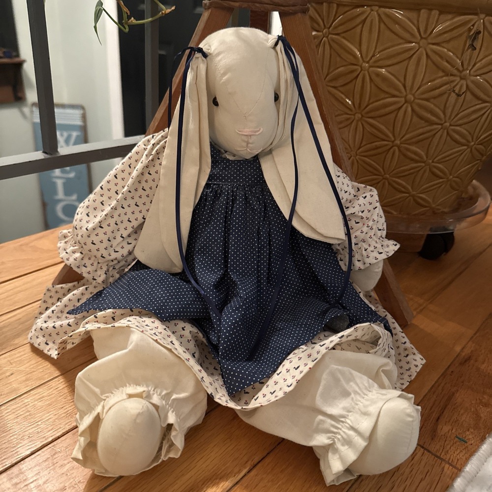 Vintage Handmade Country Bunny Rabbit Stuffed Muslin Doll 20" Cottage Core Geese